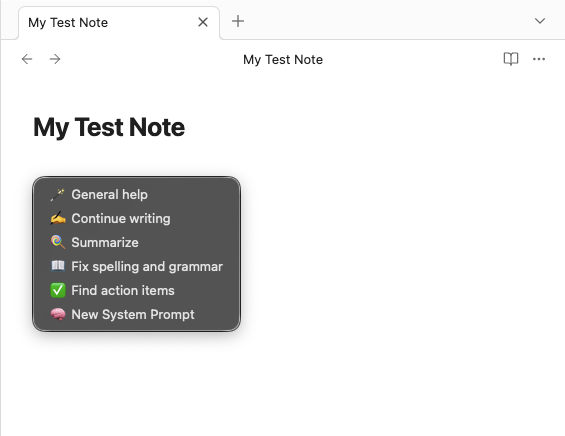 The Local GPT context menu in a note: General help, Continue writing, Summarize, Fix spelling, Find action items.